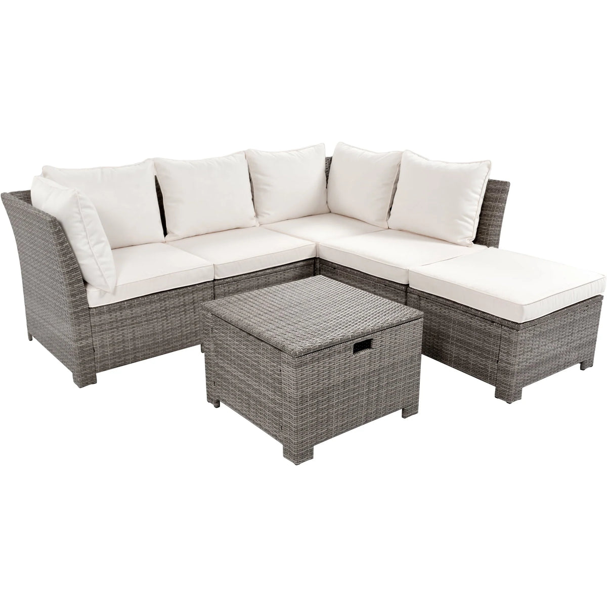 Euroco 6-Piece Outdoor Sofa Set with Storage Box, PE Wicker Seating Set for 5, Beige