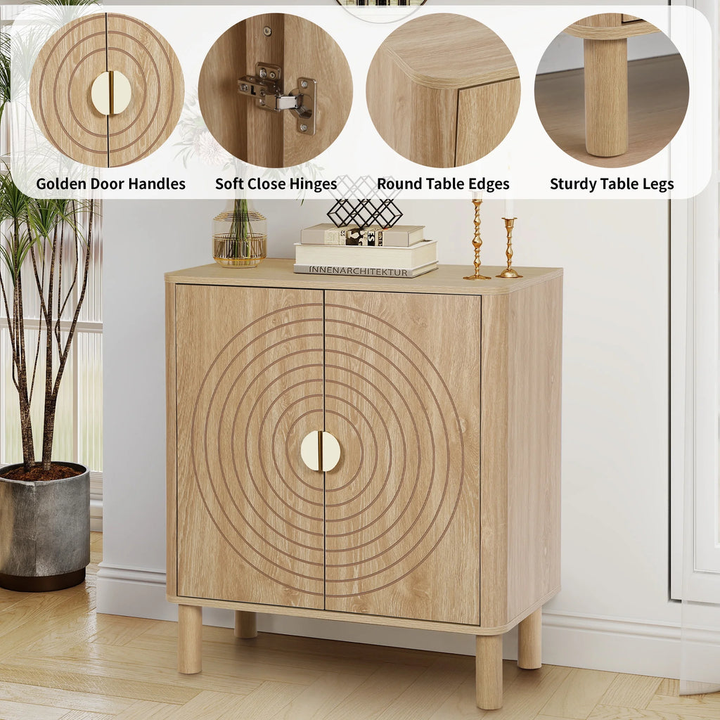 Accent Cabinet with Round Carved Line Door for Entryway Hallway, Walnut Sideboard Buffet Cabinet, Storage Cabinet with Adjustable Shelves for Living Room