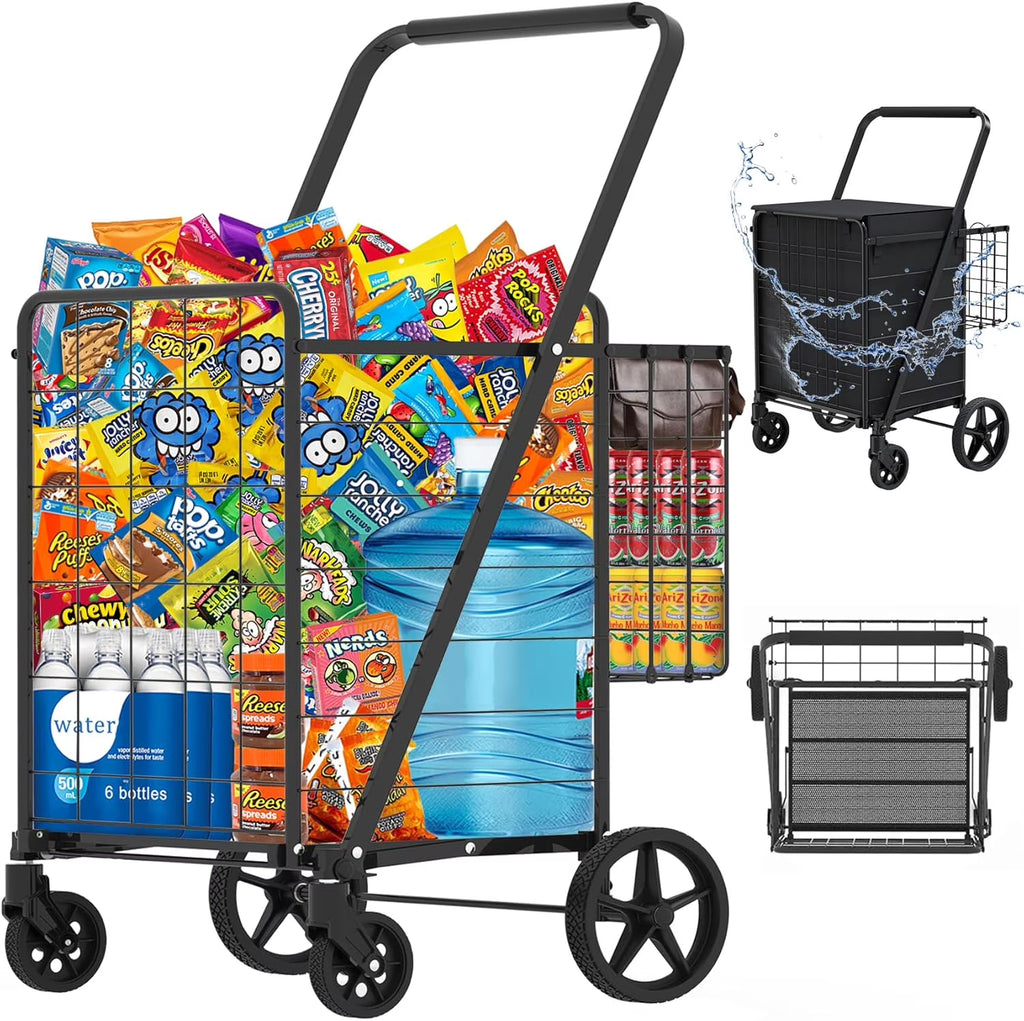 Heavy Duty Folding Shopping Cart for Groceries, Jumbo Double Basket with 360 Swivel Wheels & Waterproof Bag, Portable Utility Cart for Shopping, Laundry, Holds Up to 320 LBS