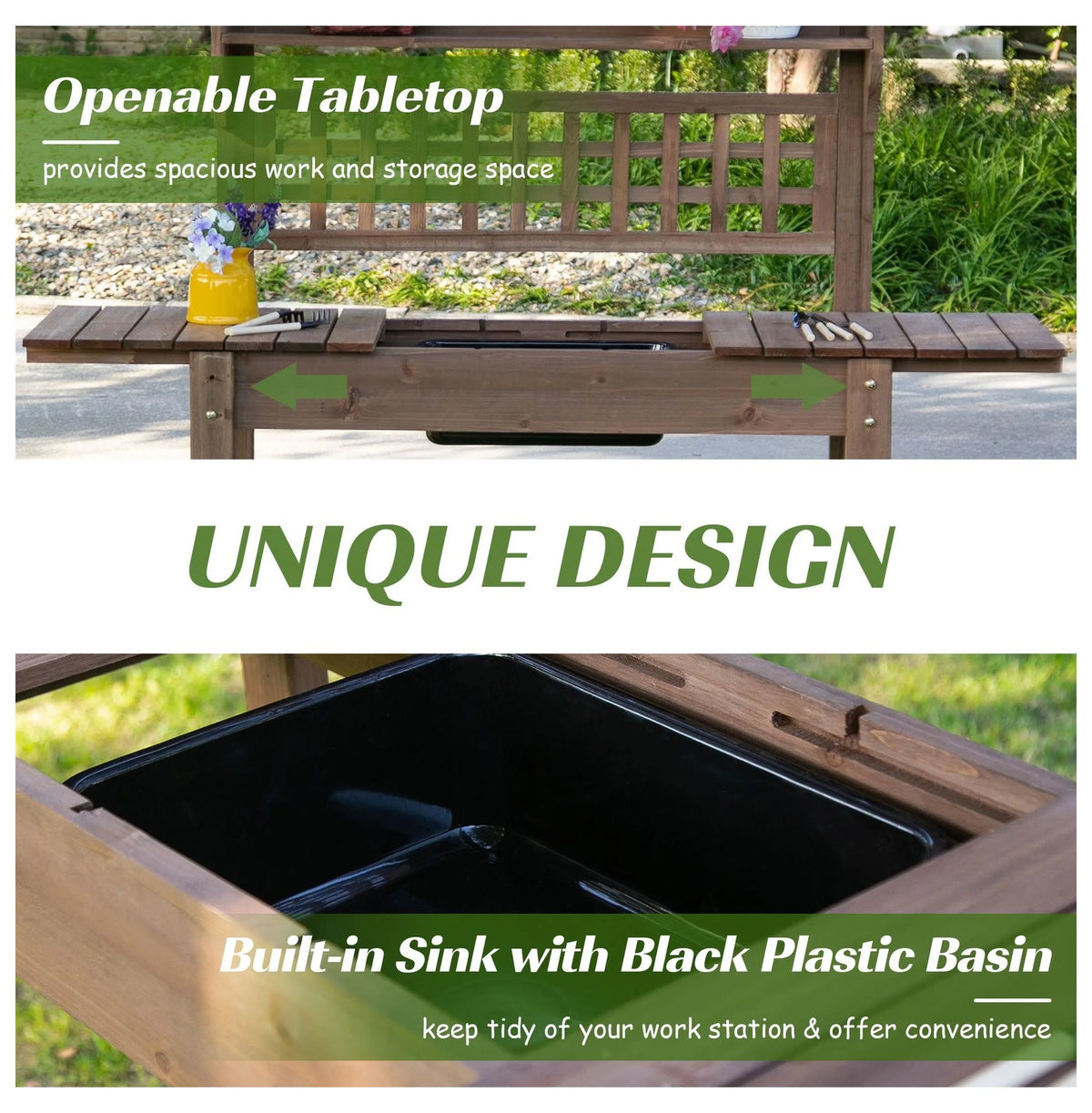 Wooden Potting Station with Storage & Sliding Tabletop - Garden Work Bench for Outdoor Planting - Durable Fir Wood - 39.25" x 17.75" x 55"