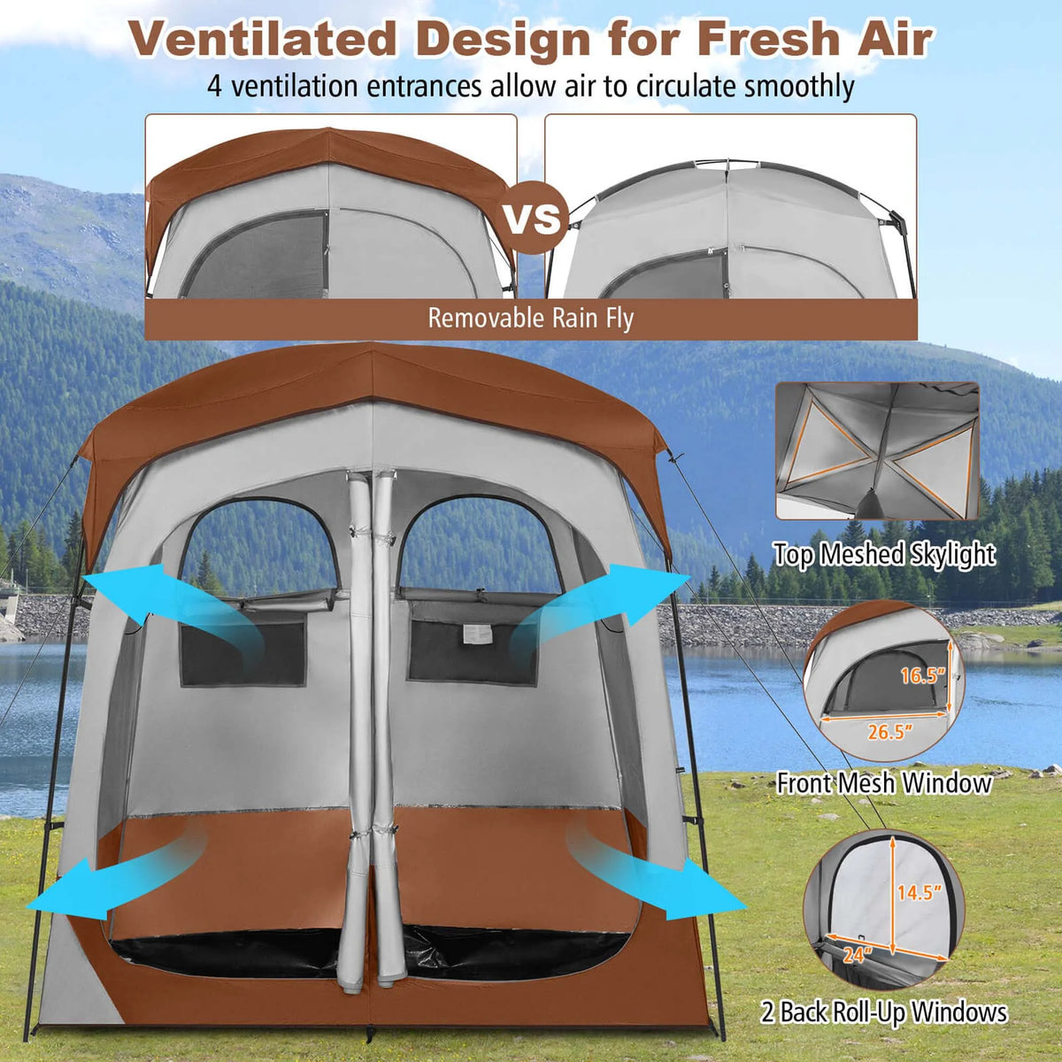 Costway 2 Room Shower Tent Oversize Privacy Shelter Portable Dressing Toilet Outdoor Gray