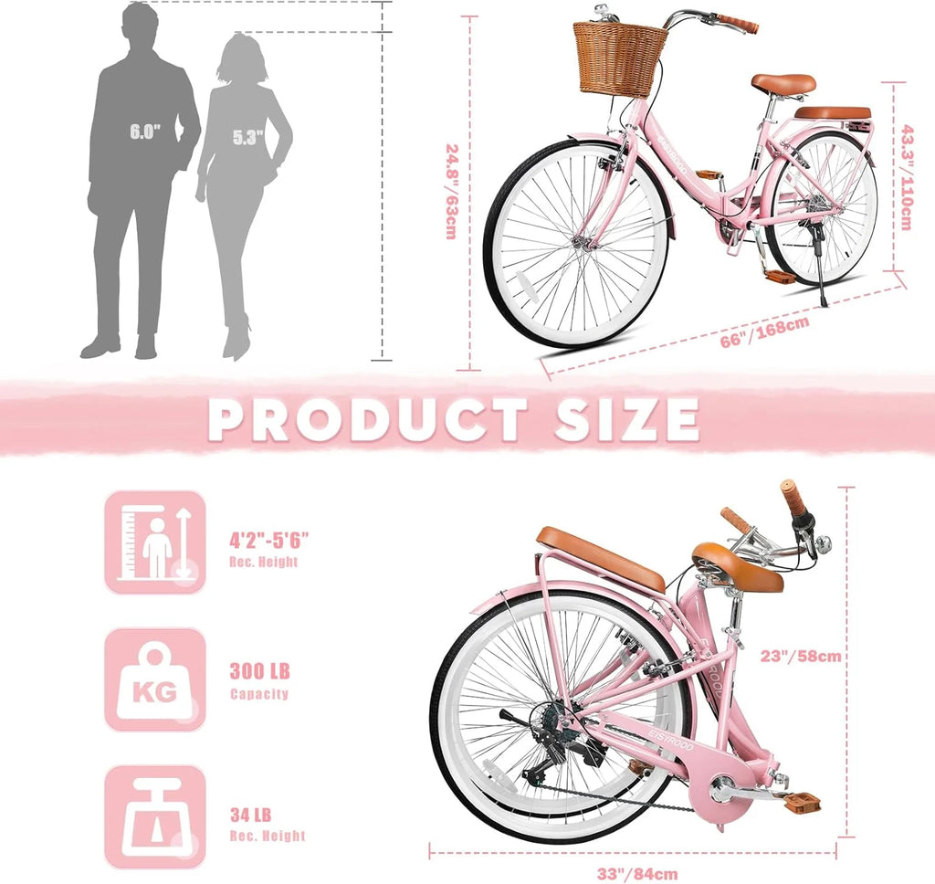 Gaonala 26 inch Womens 7-Speed Pink Cruiser bicycles a versatile family bike and womens beach bikes for urban commutes and leisure