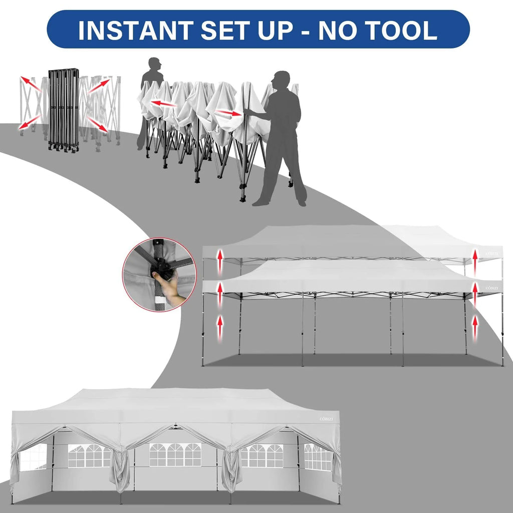 HOTEEL 10'x30' Canopy Heavy Duty Pop Up Canopy Tent Outdoor Gazebo Shelter Waterproof Instant Commercial Tent with 8 Removable Sidewalls & 8 Sandbags & Roller Bag,White