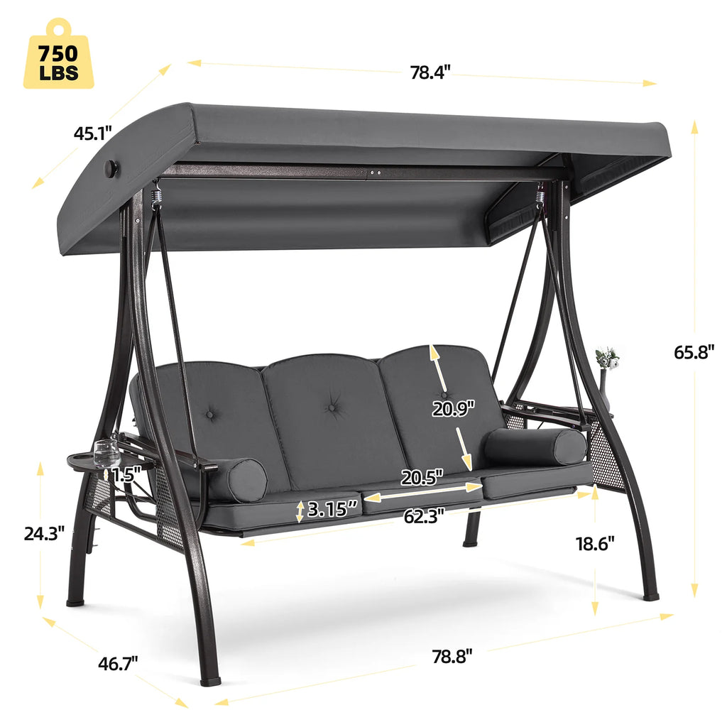 Homrest 3 Person Patio Outdoor Porch Swing with Adjustable Canopy, Backrest, Swing Bed with Stand for Garden,Deck