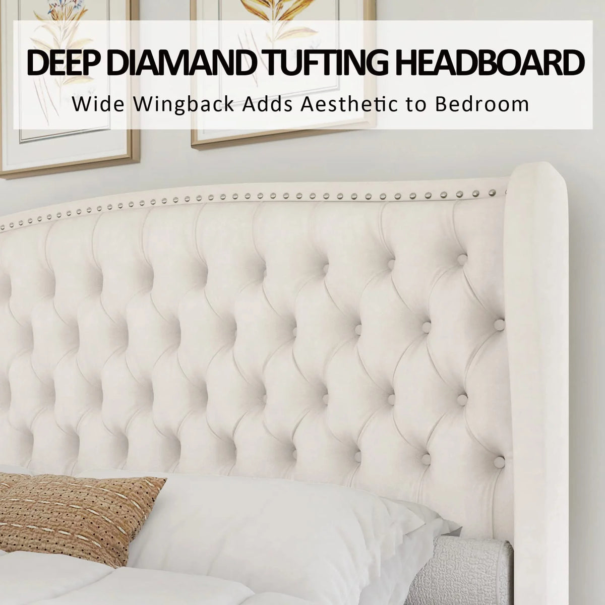 VANACC Queen Size Bed Frame, Velvet Upholstered Bed with Deep Button Tufted Wingback Headboard Grey