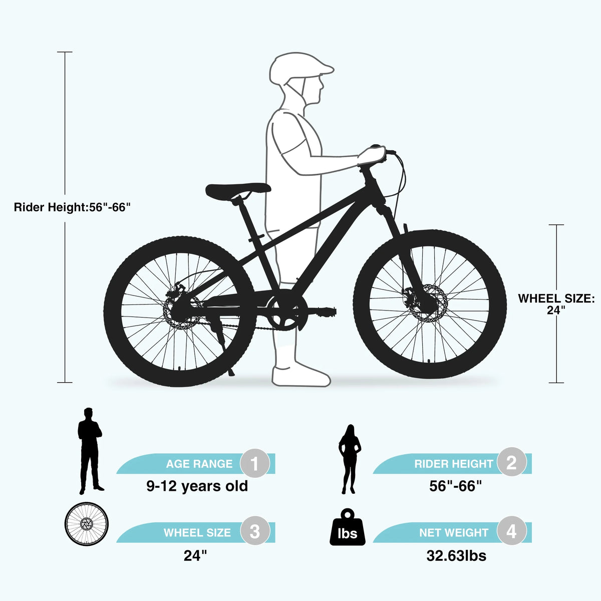 24 Inch Mountain Bike, Kids Mountain Bicycle with Front Suspension Fork and Double Disc Brake, Steel Frame Kids MTB Bike for Boys and Girls Age 9-12 Years, Cyan