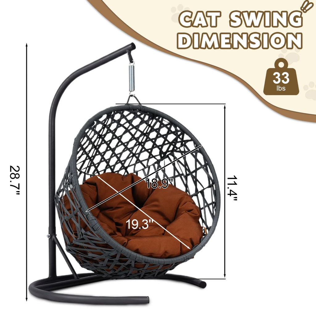 Cat Swing Bed with Stand & Cushion, Cat Egg Chair with Rattan Wicker Appearance, Indoor Hanging Swinging Cat Bed