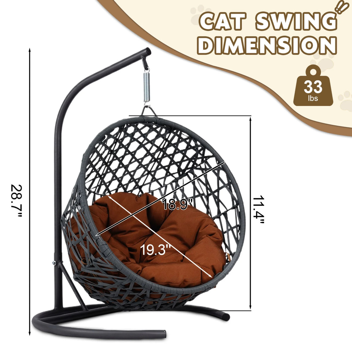 Cat Swing Bed with Stand & Cushion, Cat Egg Chair with Rattan Wicker Appearance, Indoor Hanging Swinging Cat Bed