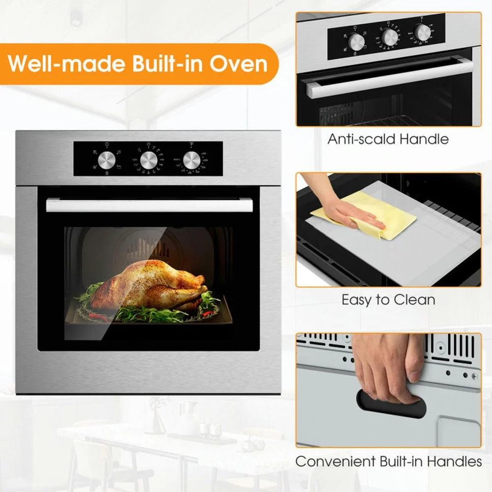 Canddidliike 24 Inch Single Wall Oven 2.47Cu.ft with 5 Cooking Modes and 360 Hot Air Circulation, Single Wall Oven, Well-made Built-in Oven with 3-layer Tempered Glass for Indoor, Silver