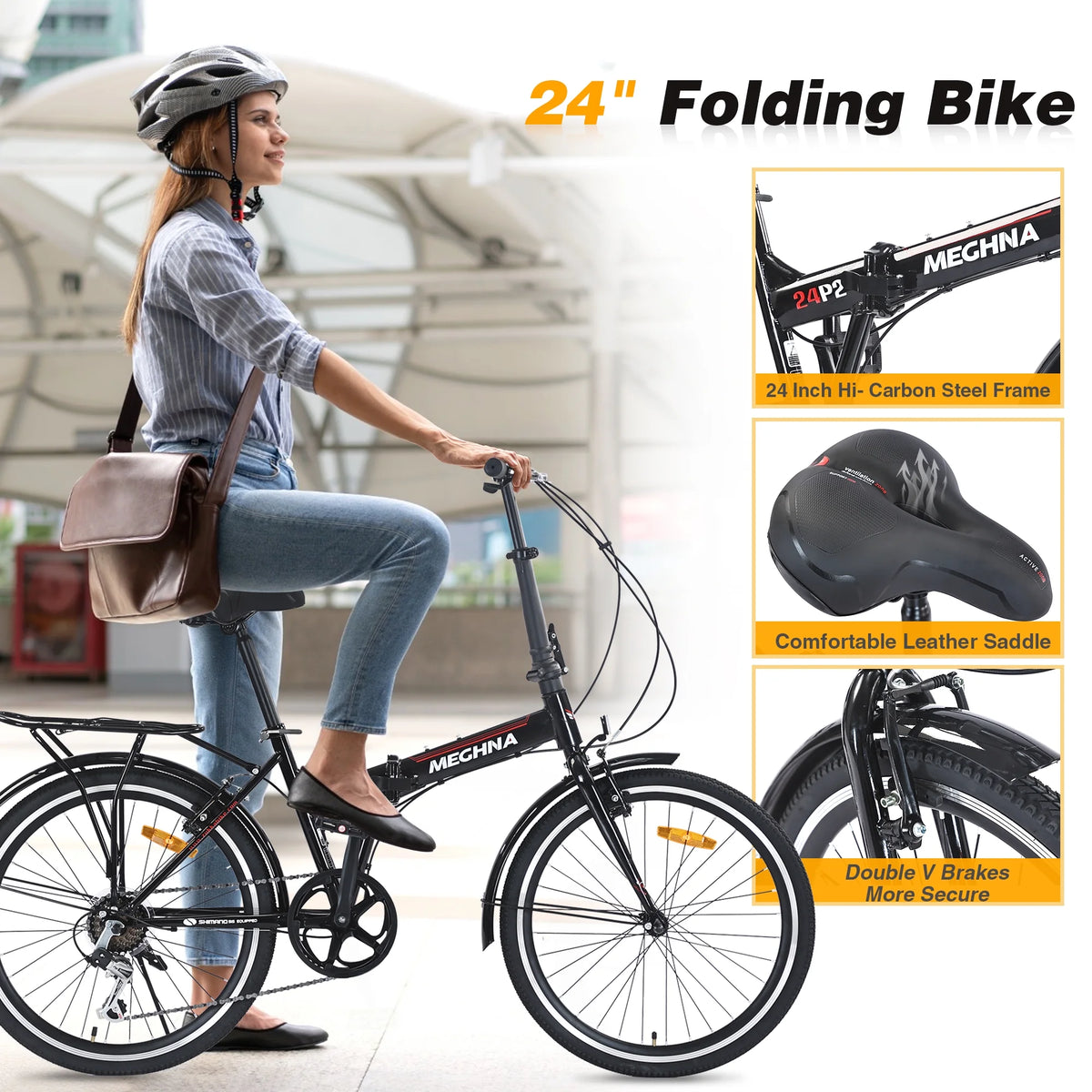 Meghna 24 inch Folding Bike 7 Speed V Brake City Commuter for Men Women Daily Commuting Black