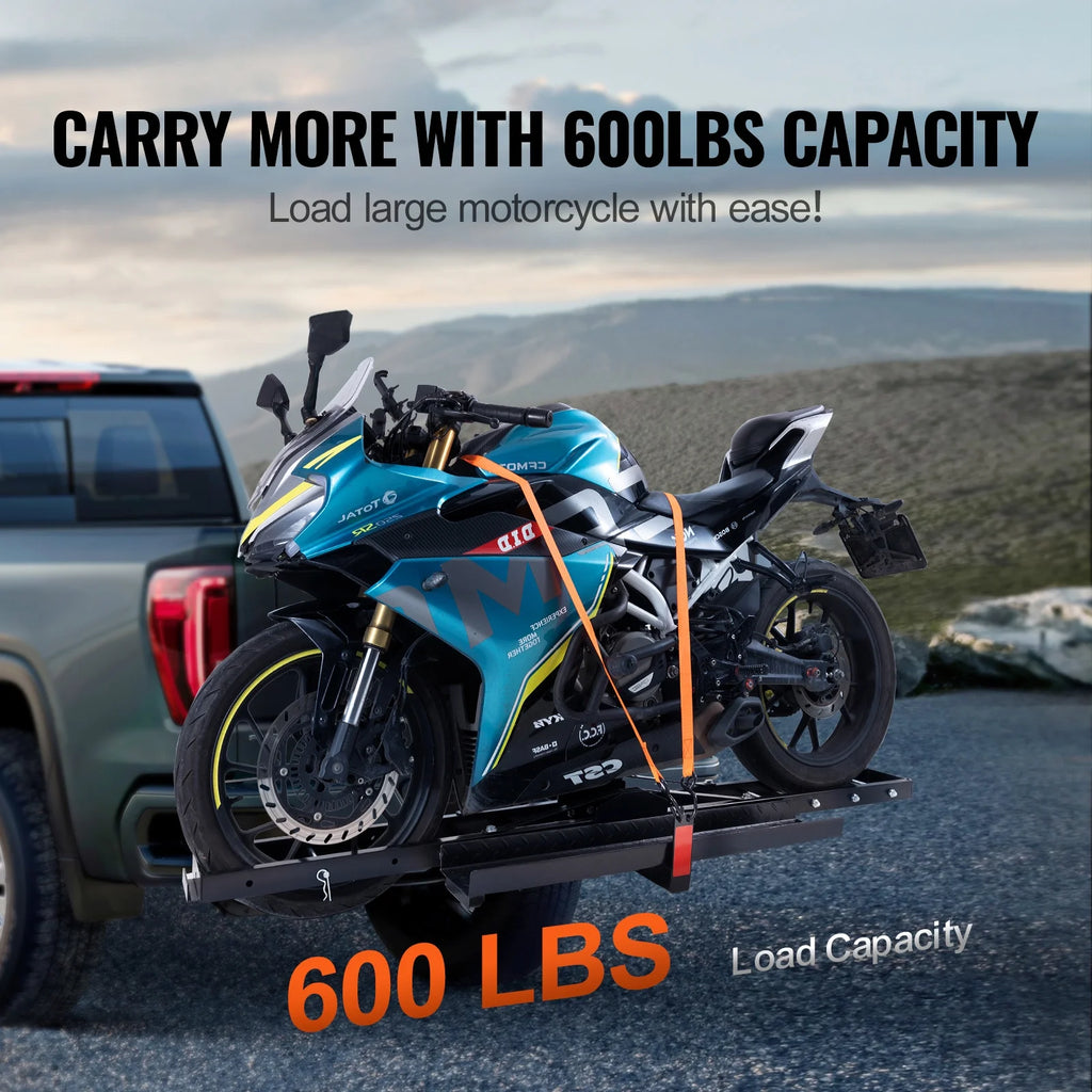 KFFKFF Steel Motorcycle Hitch Carrier, 600 LBS Capacity, Includes Ramp, Ratchet Straps & Stabilizer, Fits 2" Hitch Receivers on Cars & Trucks