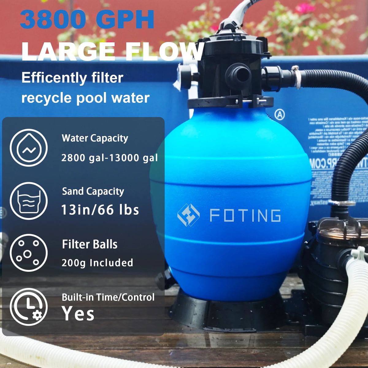 FOTING Sand Filter Pump for Above Ground Pool with Timer, 13in, Max 3800GPH for Pools Up to 13000GAL, 1HP, 6-Way Valve, Enhanced Circulation for Crystal-Clear Pool