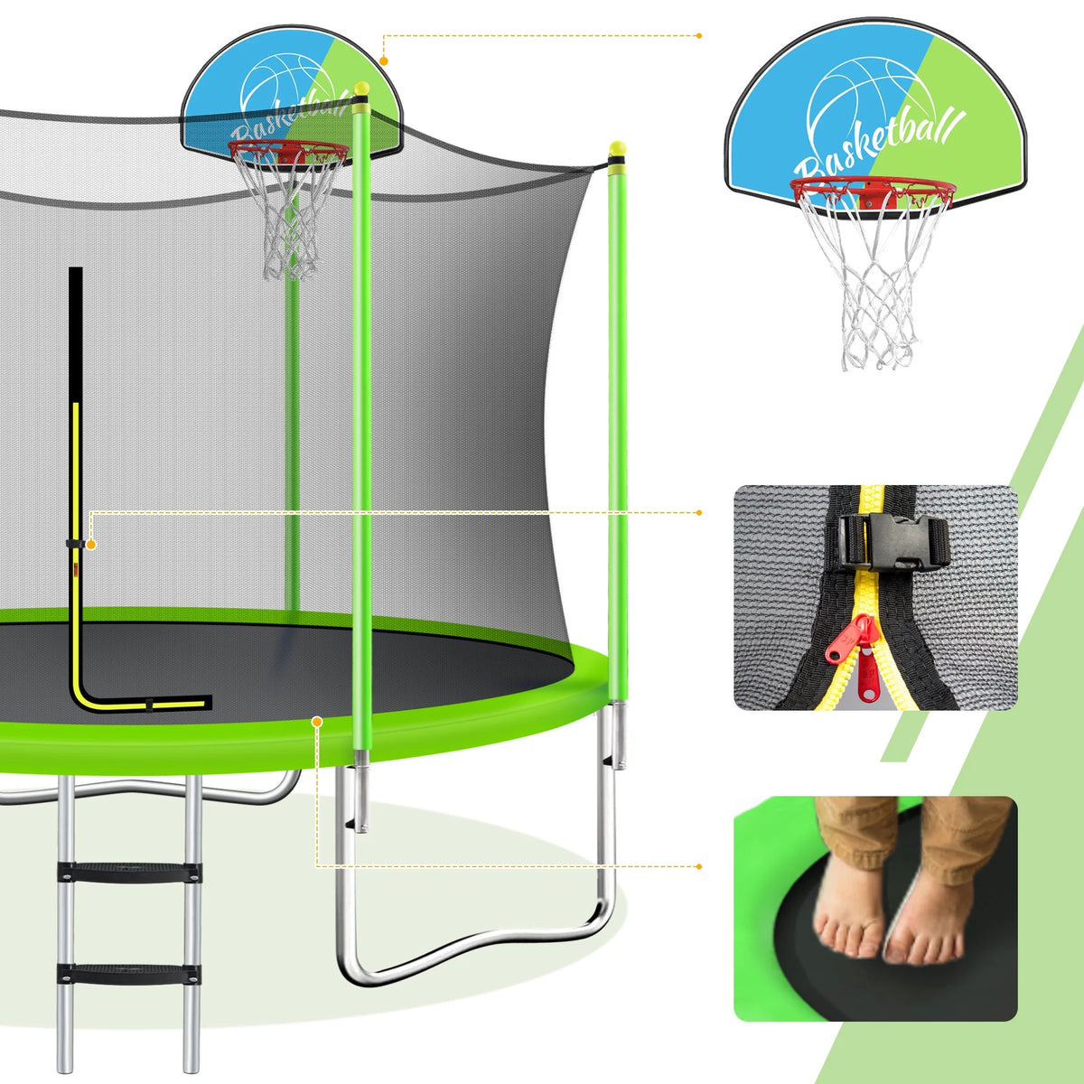 Noble House 8FT Outdoor Trampoline for Kids with Safety Enclosure Net, Basketball Hoop & Ladder, Blue