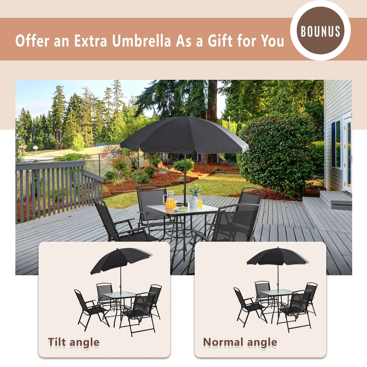 Sobaniilo 6 Piece Folding Outdoor Dining Set for 4, Metal Patio Garden Patio Furniture Table and Chair Set with Umbrella, Black