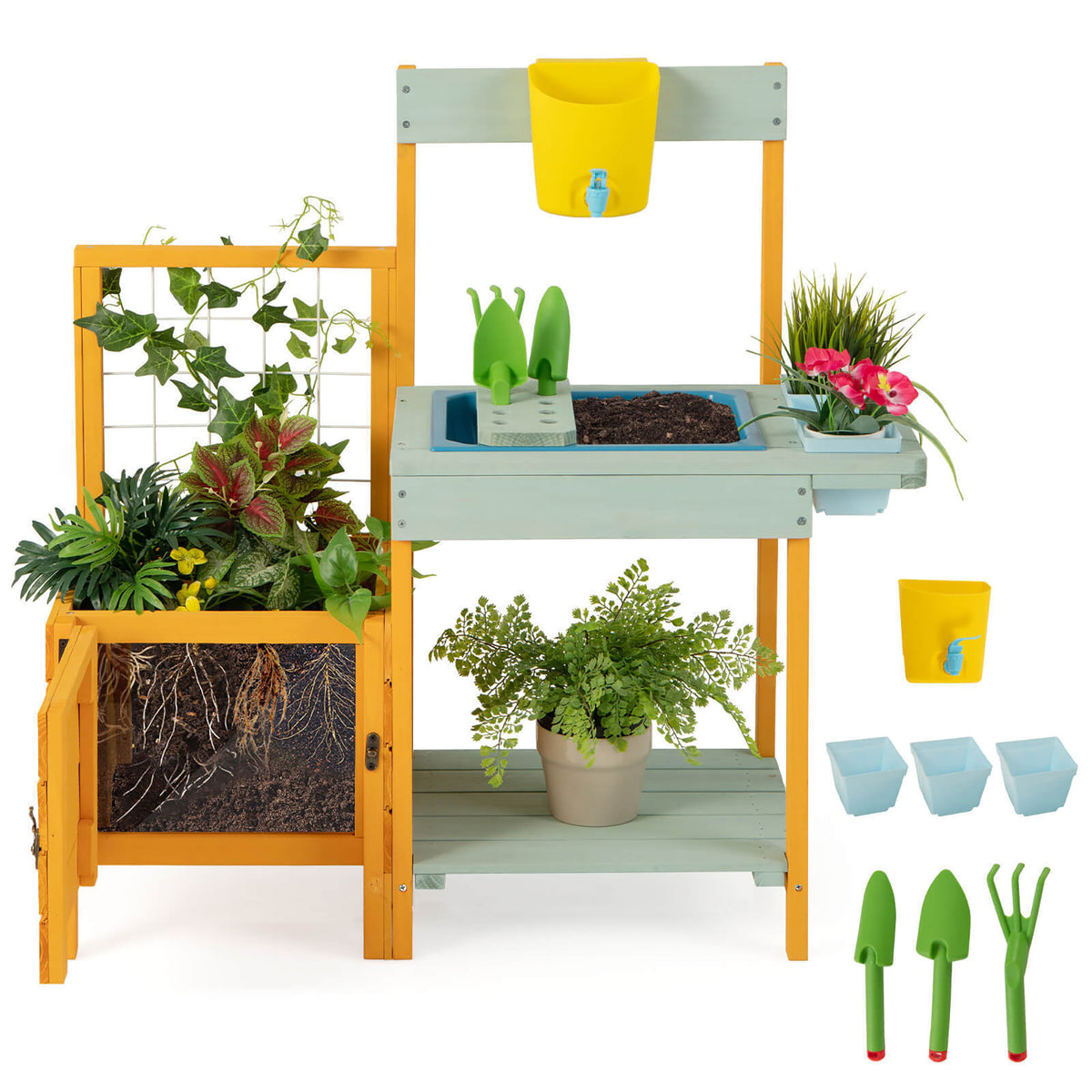 Gymax Wooden Potting Bench for Kids w/ See-Through Window Planter Box Garden Trellis