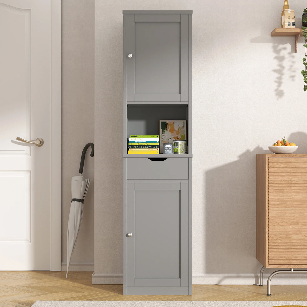 Walsunny Bathroom Storage Cabinet 64" Tall Wooden Kitchen Cupboard Pantry Cabinet with Doors Shelves Drawer Black