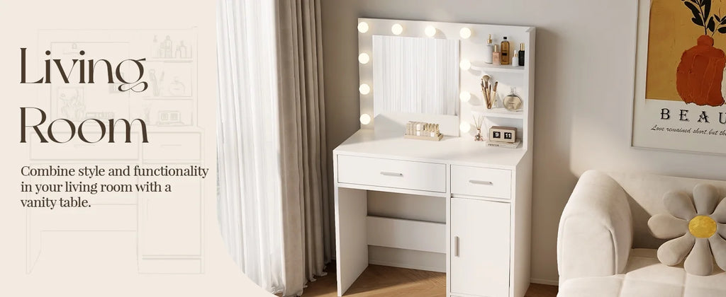 LIVELYGLOW Vanity Desk with Mirror and Lights, Makeup Vanity with Drawer & Storage Shelves, Cabinet, 3 Lighting Modes Adjustable Brightness,White