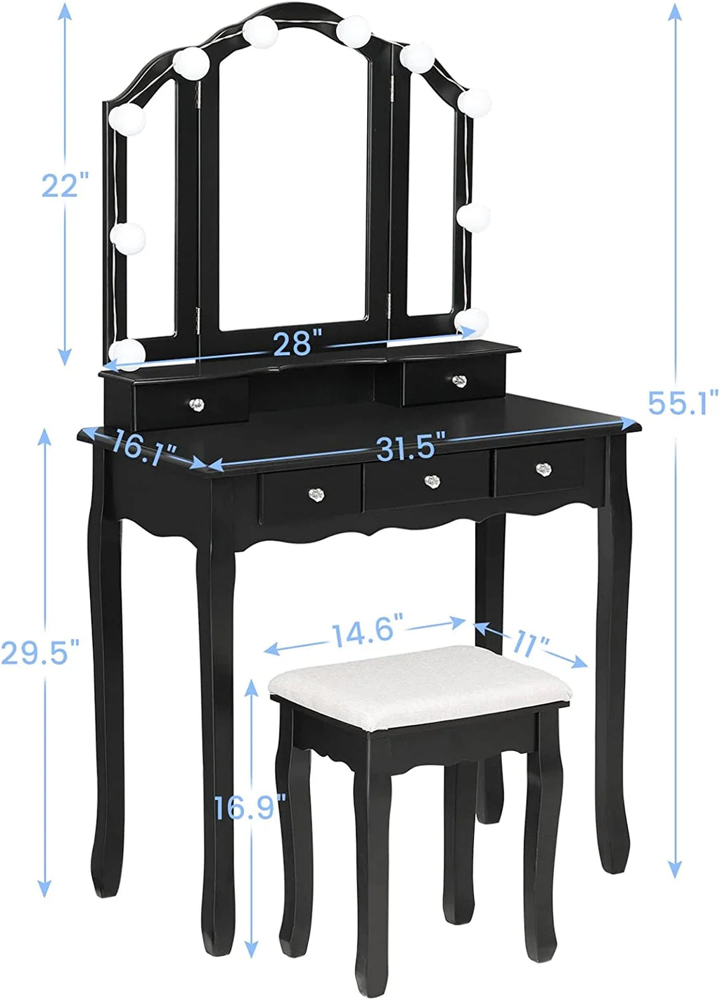 Afuhokles Vanity Table Set with Lighted Tri-Fold Mirror and Stool, Makeup Vanity Dressing Desk 5 Drawers, White