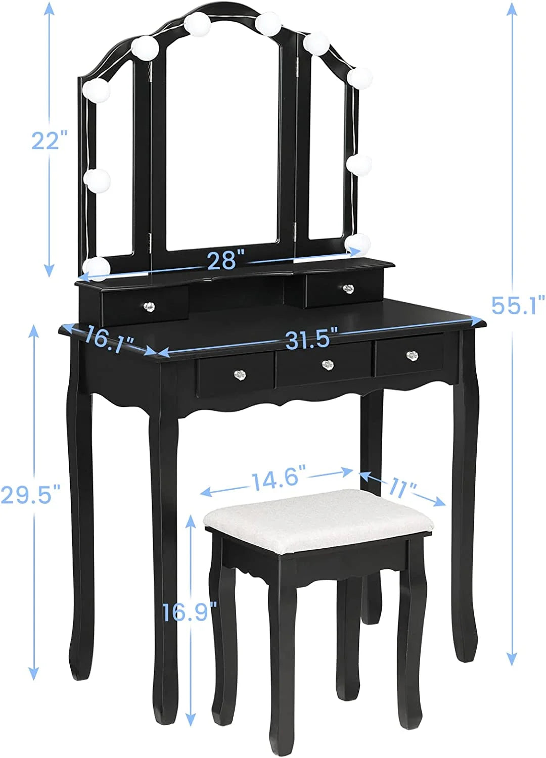 Afuhokles Vanity Table Set with Lighted Tri-Fold Mirror and Stool, Makeup Vanity Dressing Desk 5 Drawers, White