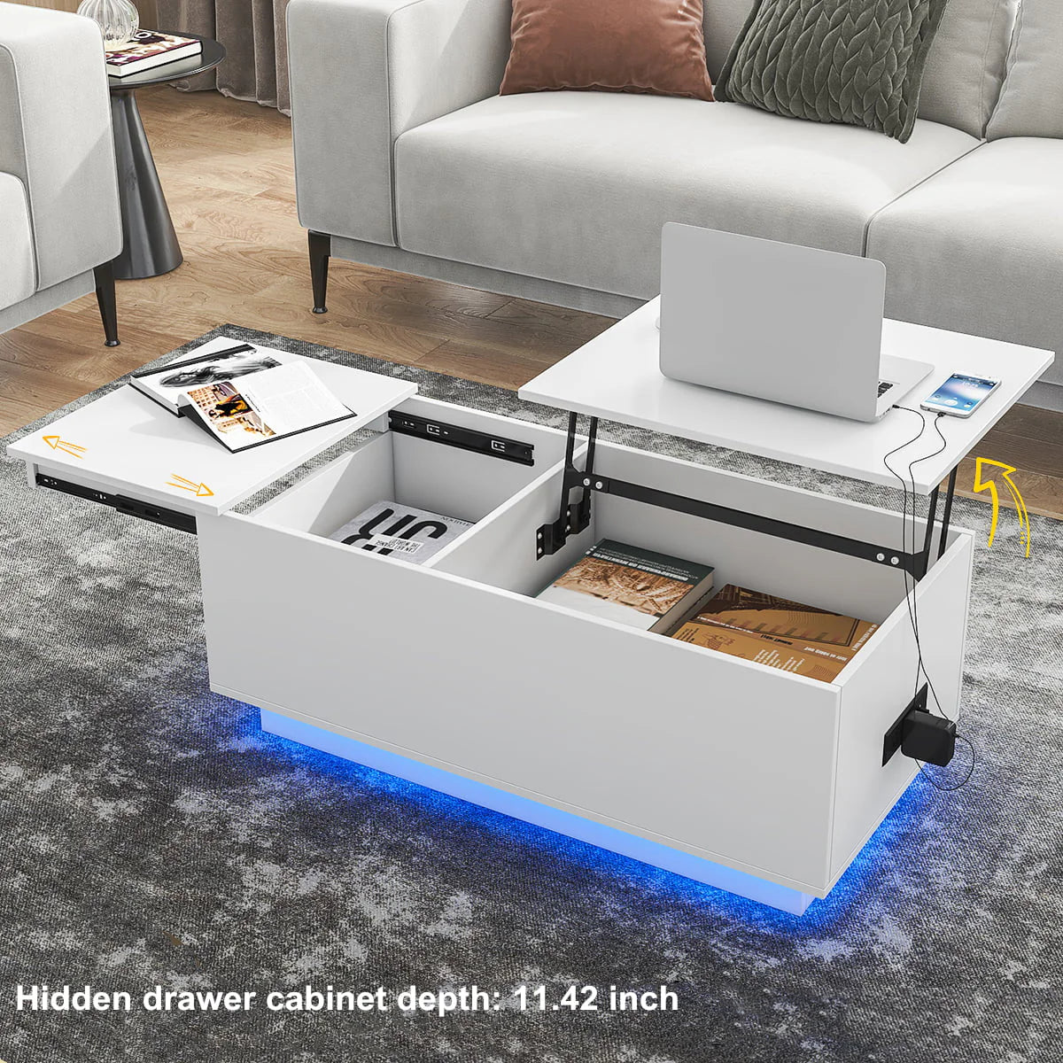 LED Coffee Table Lift Top End Table with with Charging Station and Storage Space Modern Rectangle Cocktail Tables Sofa Side Dining Table