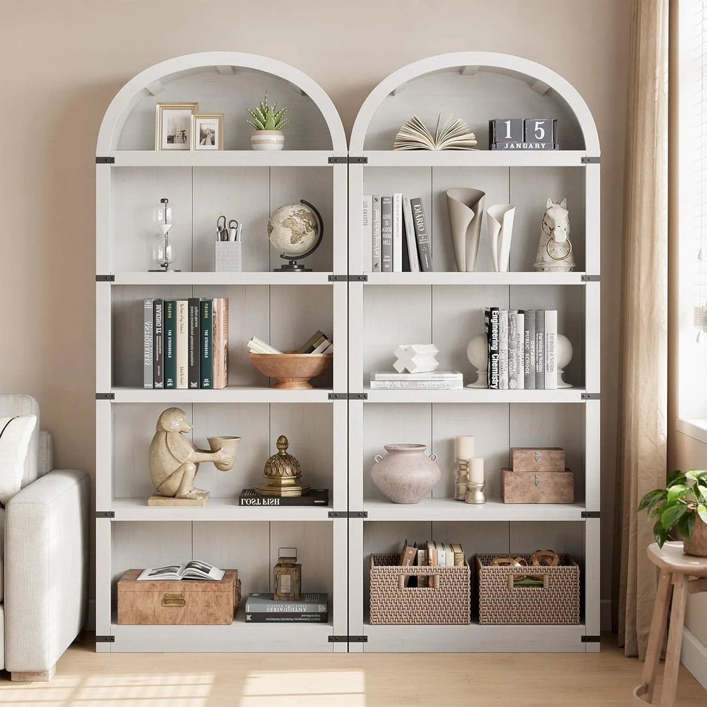 Bookcase 5 Shelf Arched Bookshelf 71.65in Tall Bookcase Farmhouse Display Storage Rack Wooden Bookshelves for Home Office, Living Room(white)
