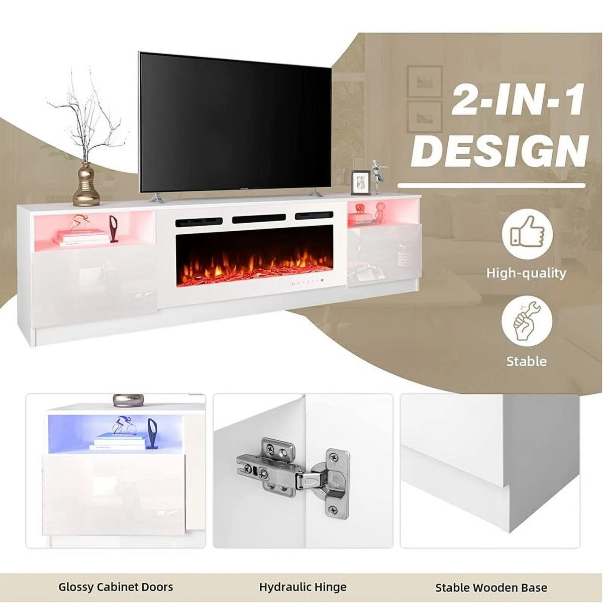 Erommy  70" Fireplace TV Stand with 36" Electric Fireplace White 80''