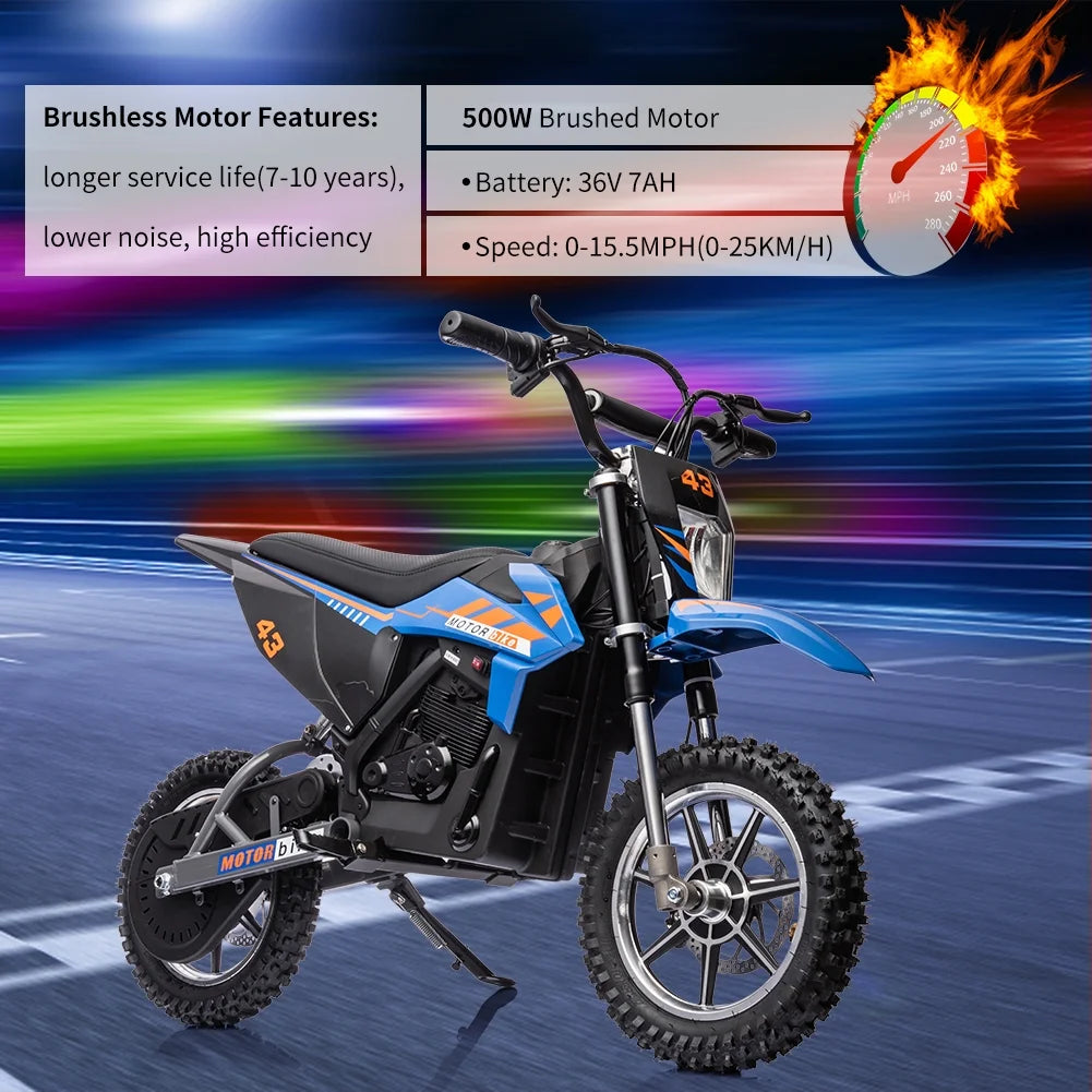 36V Electric Dirt Bike for Kids, Ride on Motorcycle 350W Brushless Motor Fast Speed 15.5MPH with LED Headlight, Leather Seat,Front+Back Brake for Teens Max Load 175lbs