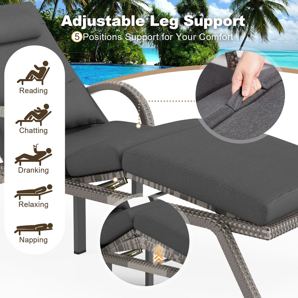 MEISSALIVVE 4-Piece Outdoor Lounge Chairs, Pool Chairs with Adjustable 5 Position Backrest , PE Rattan Chaise for Backyard Porch Deck (Gray)