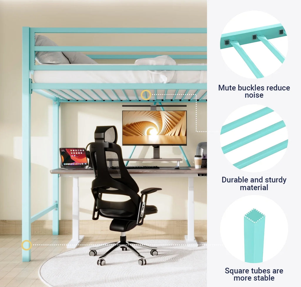 Sifurni Black Heavy Duty Twin Size Metal Loft Bed with Full-Length Guardrail & Removable Stairs