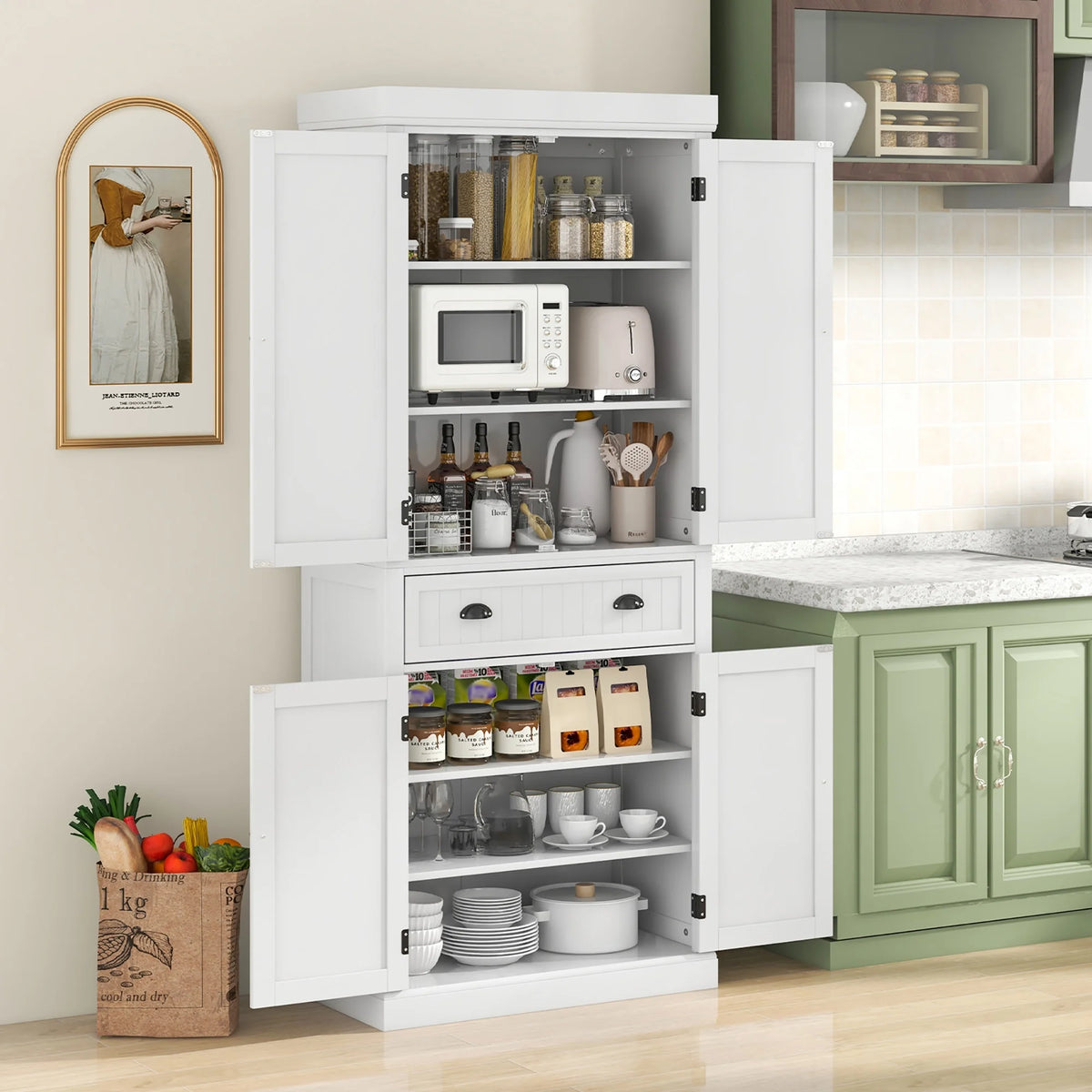 Gymax 72'' Kitchen Pantry Storage Cabinet Tall Freestanding Cupboard w/ 4 Doors Large Drawer White