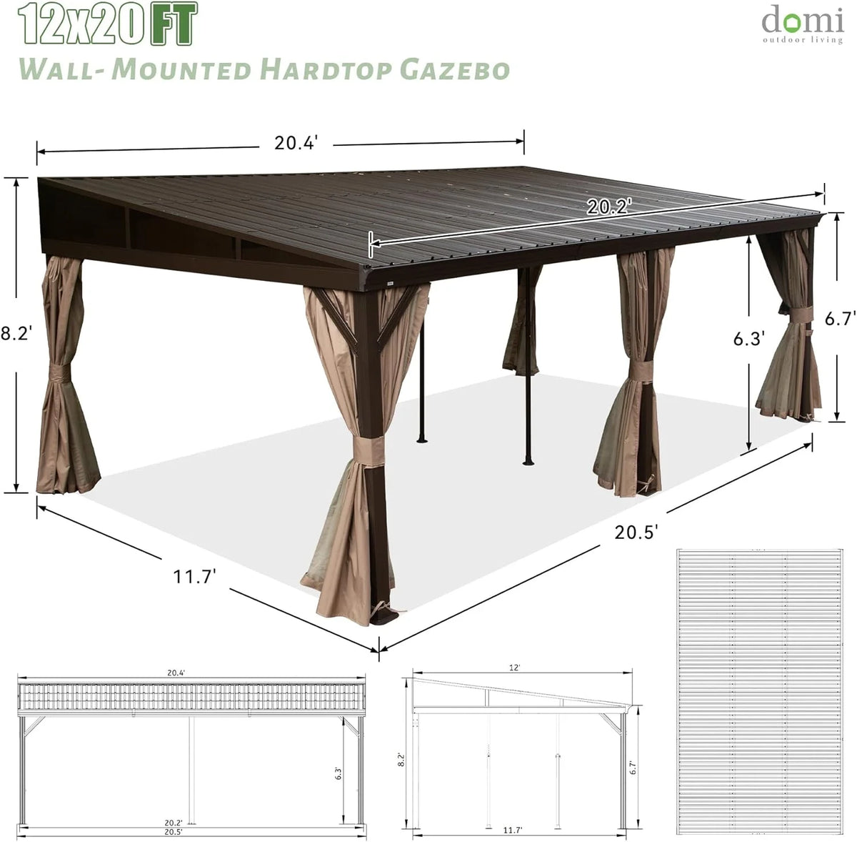 Domi Outdoor Living 10' x 12' Hardtop Lean-to Gazebo, Wall-Mounted with Galvanized Steel Roof Wall Pergola with Aluminum Frame, Curtains and Netting, for Patio, Deck, Garden, Backyard