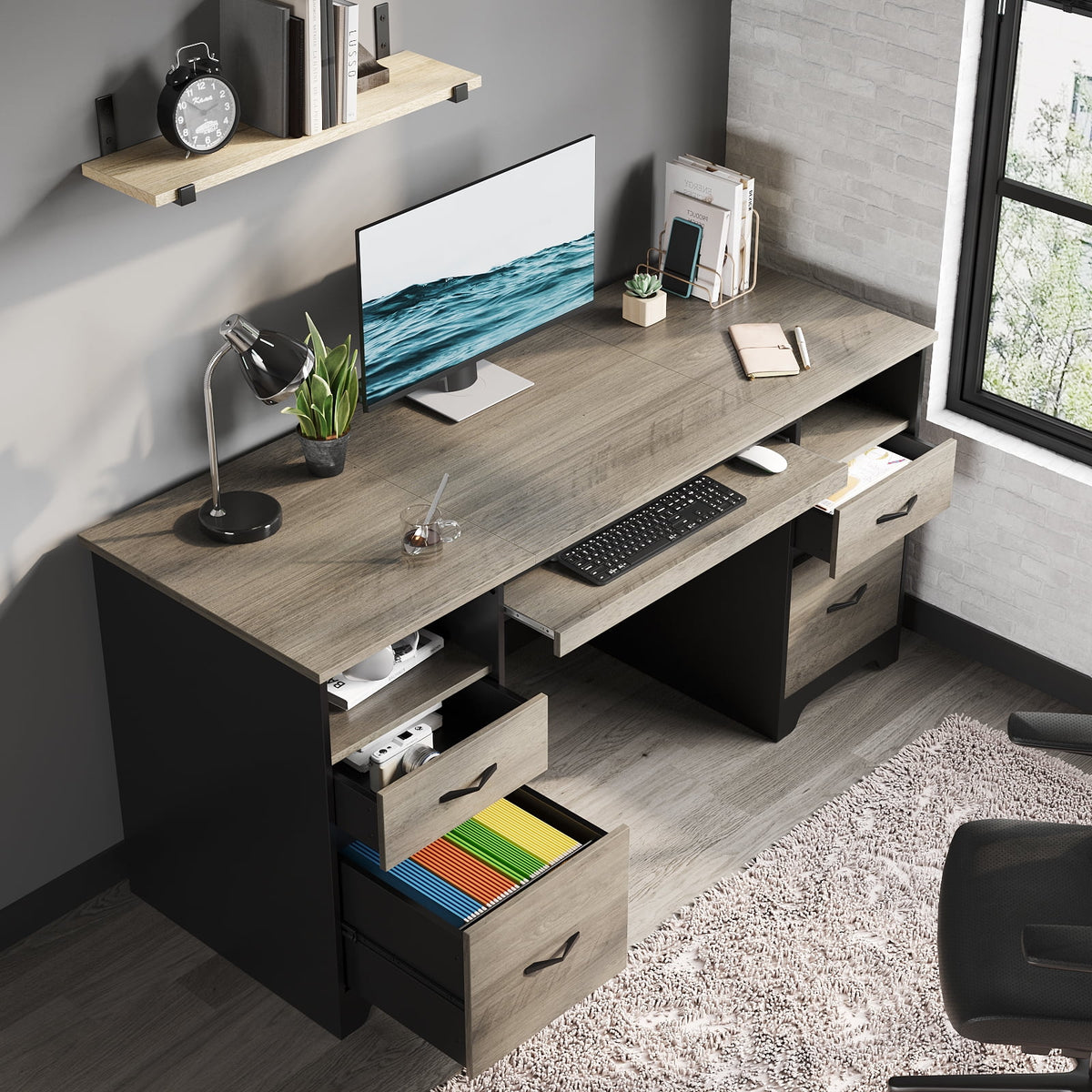 Bestier 59 Computer Desk with 4 Drawers, Office Executive Desk with File Drawer, Keyboard Tray for Home Office, Gray