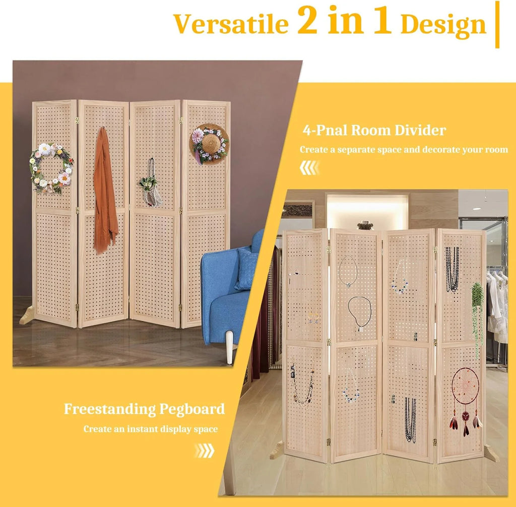 Bonnlo 4 Panel Pegboard Freestanding, 5 FT Portable Display for Craft Show Jewelry, Wooden Folding Room Divider