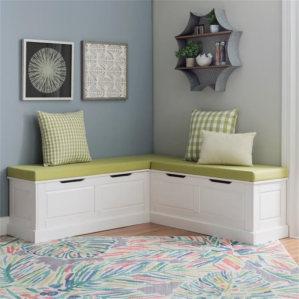 Pemberly Row Natural White Wood Nook With Green Polyester Fabric Cushions