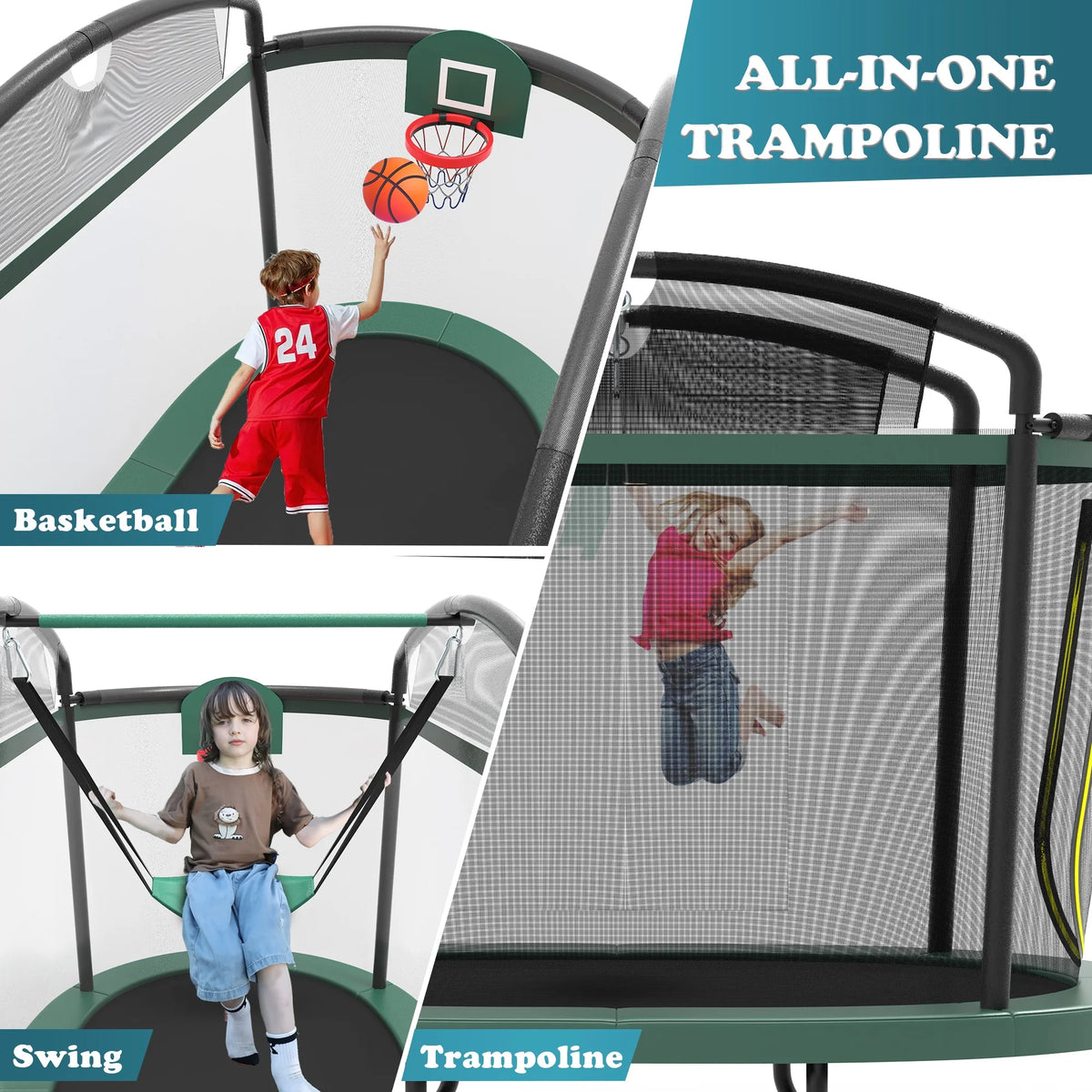 Seizeen 6FT Trampoline for Kids, 3-IN-1 Rectangular Outdoor/Indoor Trampoline with Enclosure, Basketball Hoop, Swing