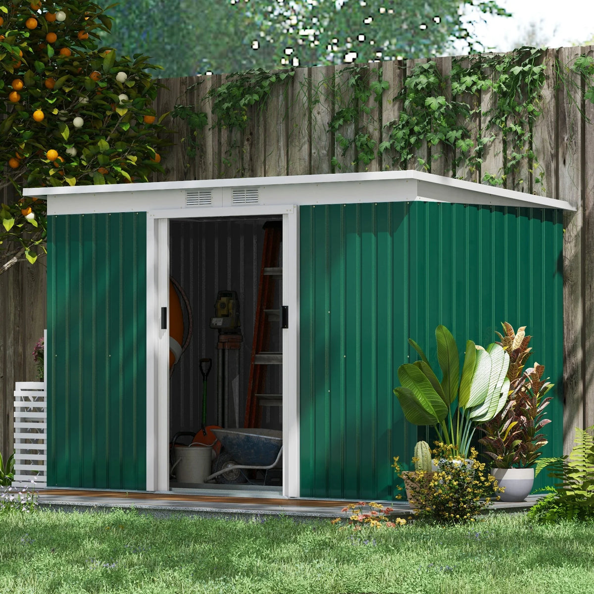 Outsunny Metal Outdoor Storage Shed with Lockable Doors, 3.3' x 3.4', Brown
