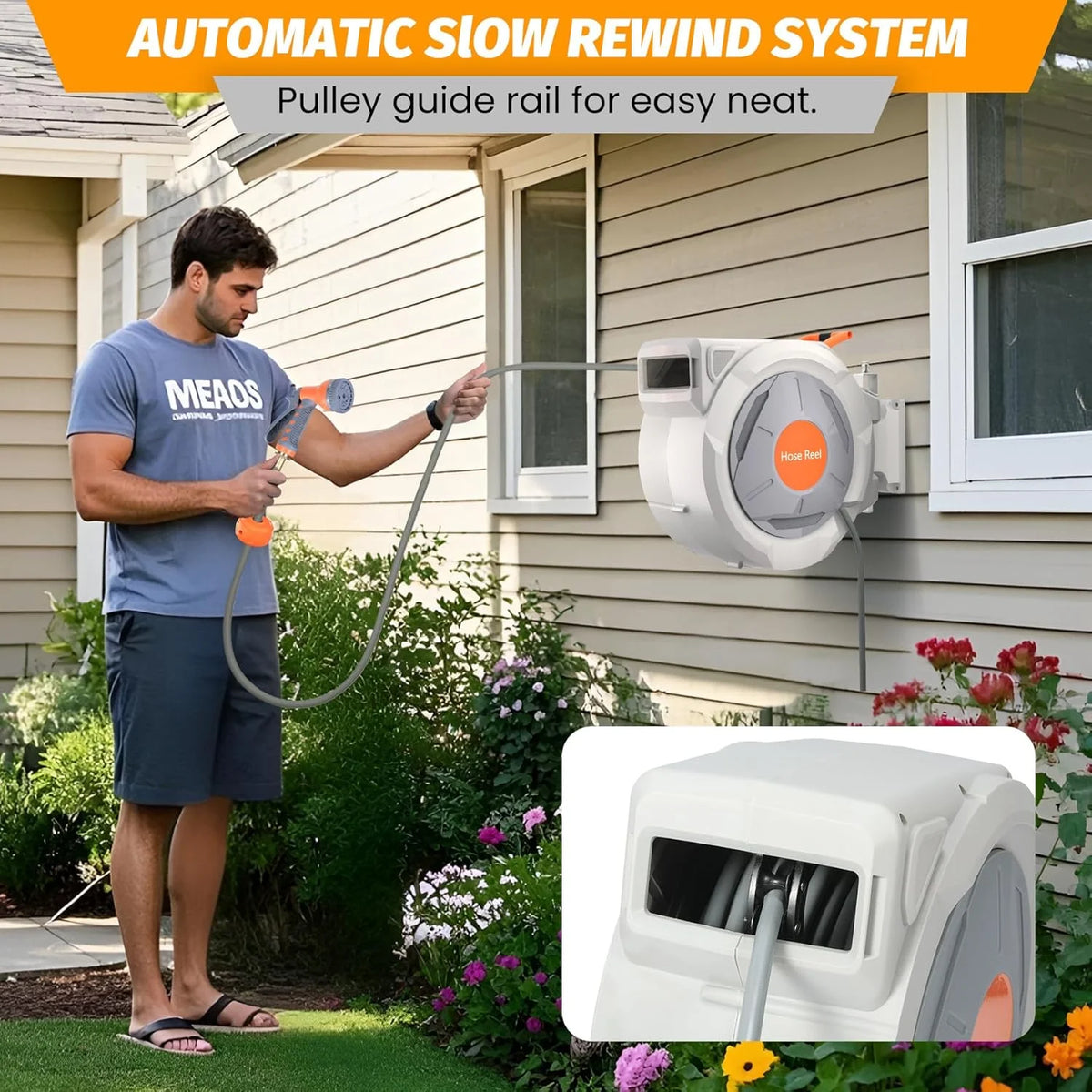 Auto-Retract Wall-Mounted Garden Hose Reel w/9-Pattern Nozzle, 180 Swivel & Any-Length Lock, 600PSI Durable