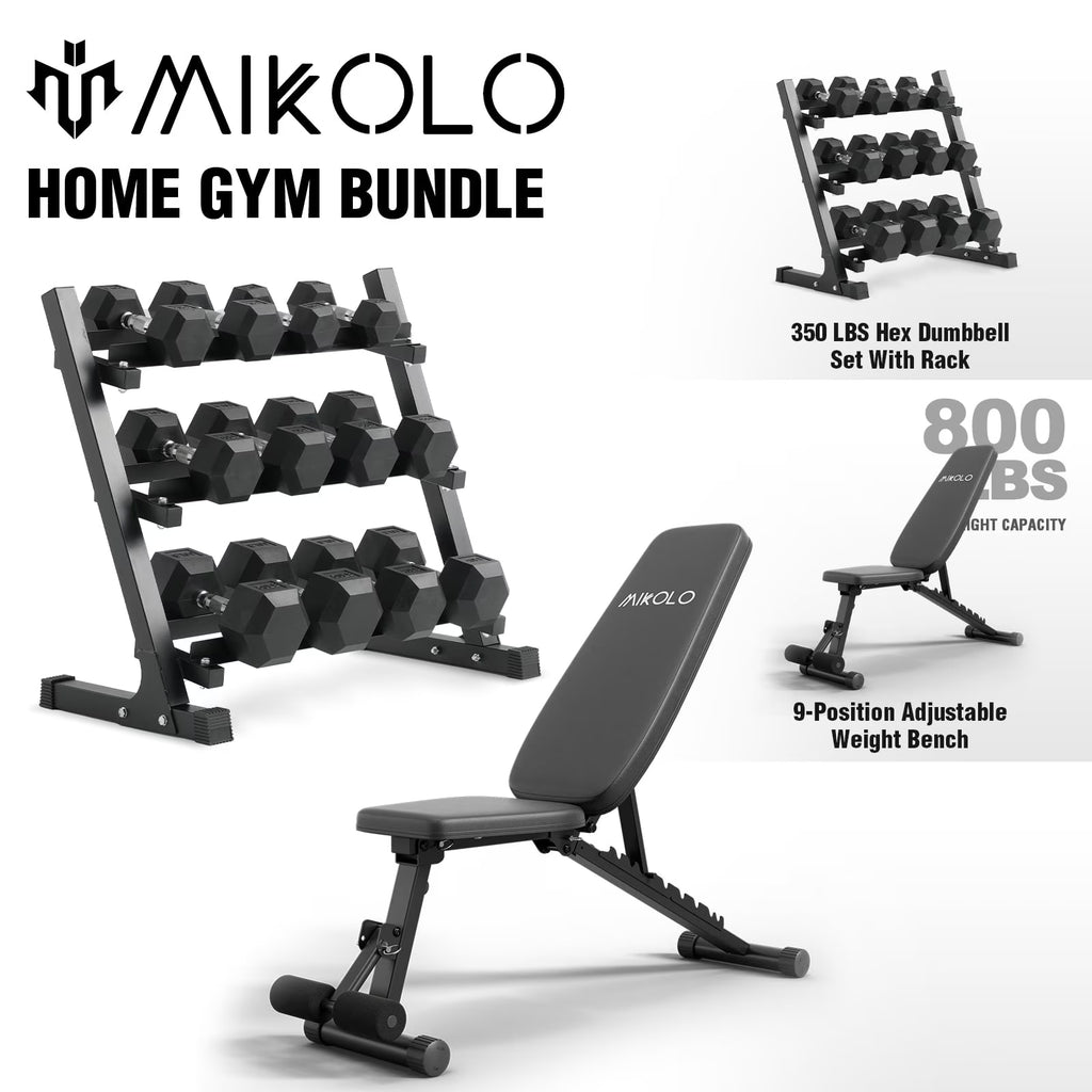 Mikolo Rubber Hex Dumbbell Set with Racks, Option in 450lbs, Strength Training Weight Set Home Gym
