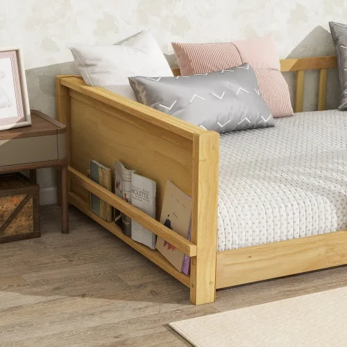 Bellemave Twin Size Floor Bed with Fence, Montessori Floor Twin Bed with Built-in Book Rack, Solid Wood Twin Bed with Slats and Safety Guardrails, Natural