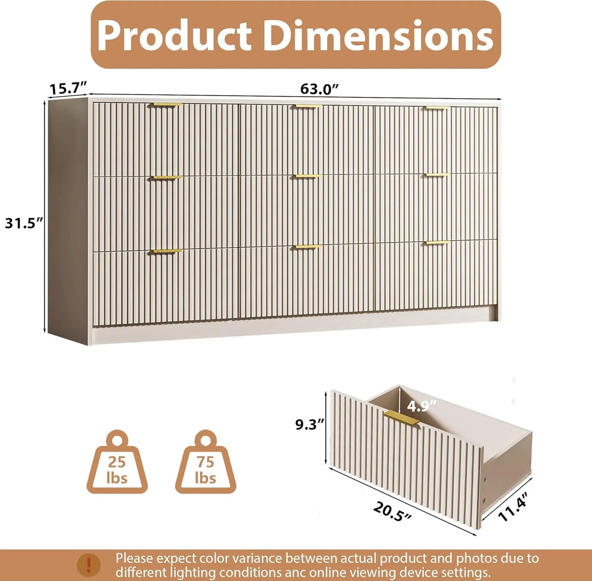 Furniway Fluted Large 9-Drawer Black Dresser
