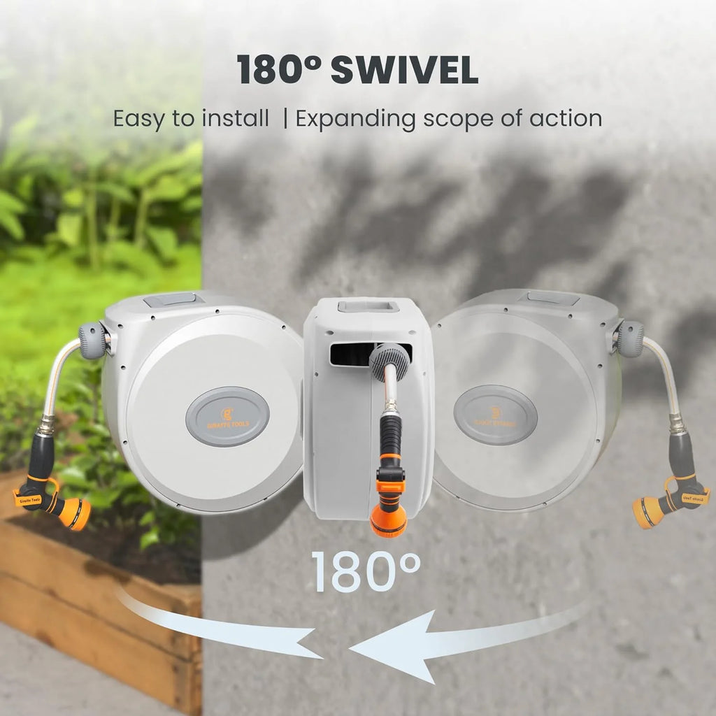 Giraffe Tools Retractable Garden Hose Reel with 1/2in-100ft Water Hose, Plastic Bracket, Wall Mounted, Dark Grey