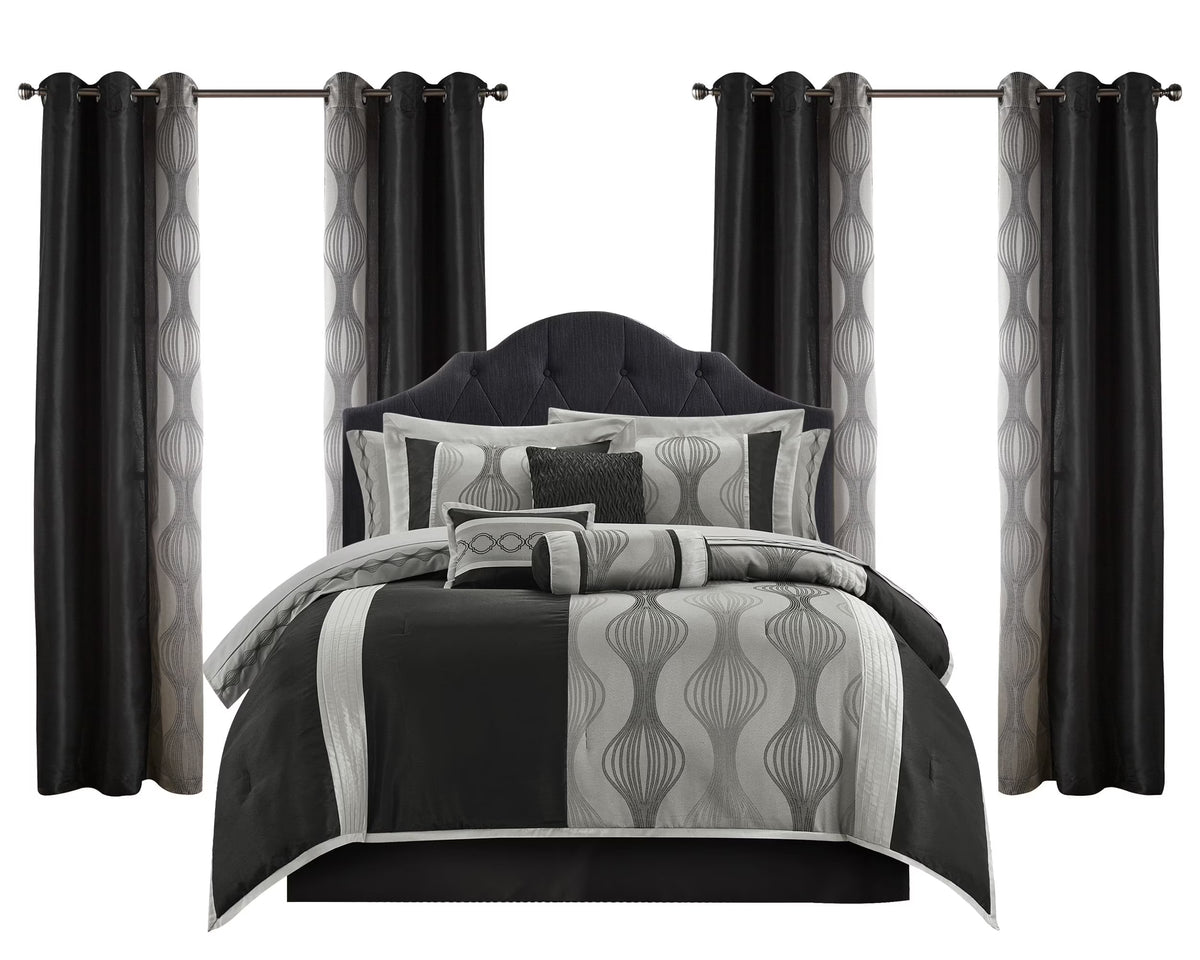 Lanco Black Silver Comforter Set , California King Size , 7 Pieces Fashion Jacquard Bedding Set