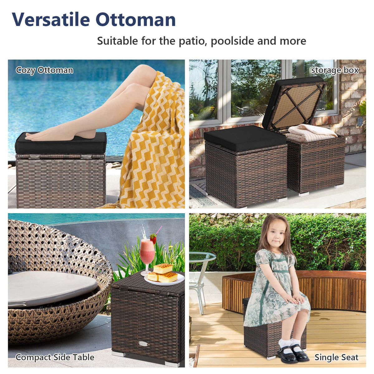 Costway 2PC Patio Rattan Ottoman Seat Side Table Storage Box Footrest Off White