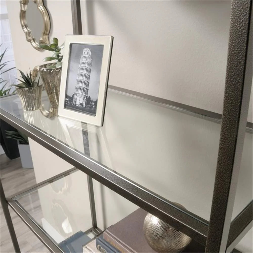 Pemberly Row 5-Shelf Modern Metal Bookcase in Gold Satin/Faux Deco Stone