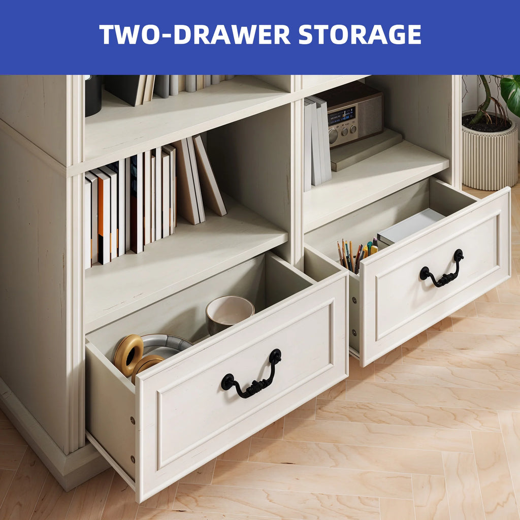 ModFusion 70" Distressed White Bookshelf with Adjustable Shelves and Two Drawers