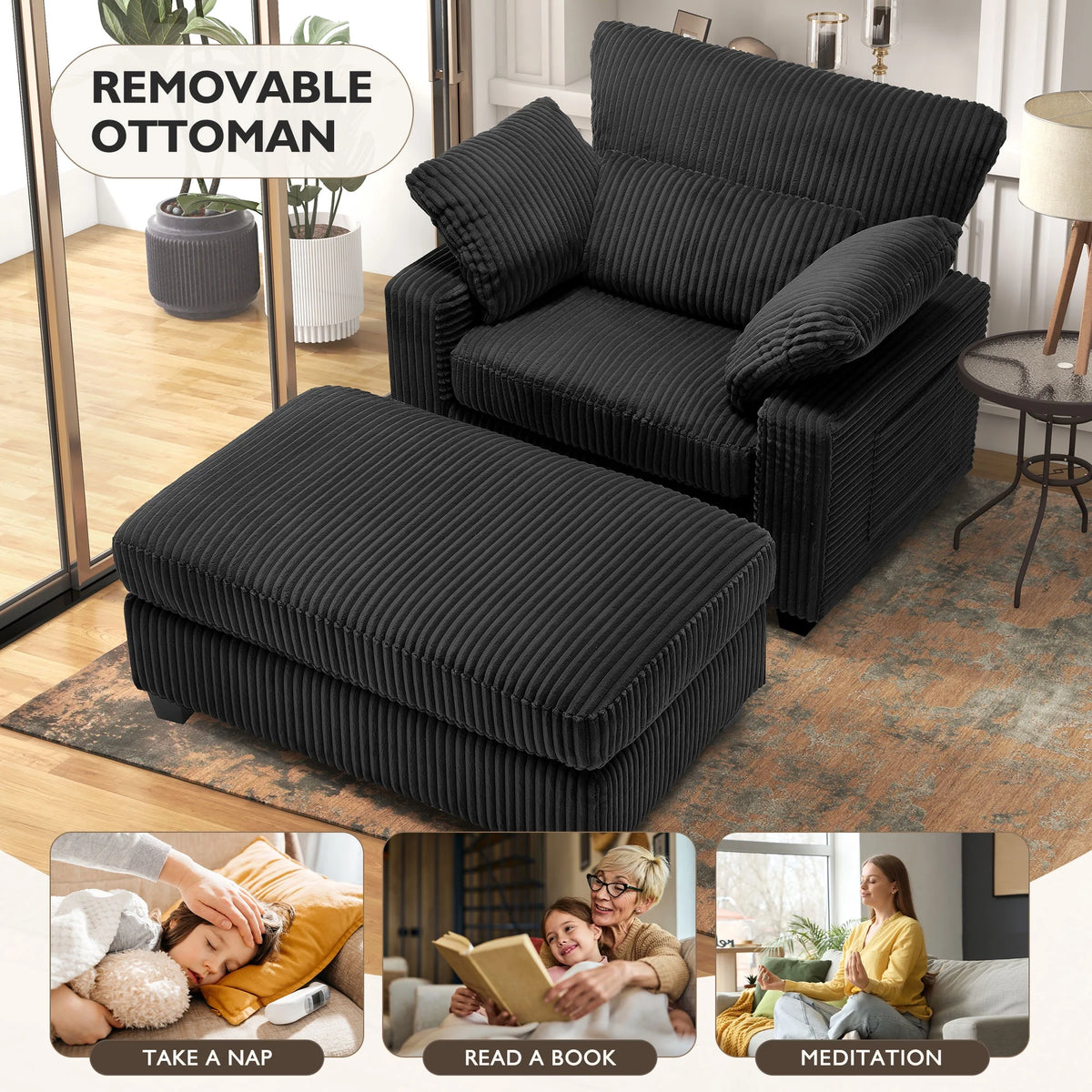 BedLuxury Oversized Accent Chair with Ottoman for Living Room,  Single Sleeper Sofa Armchair with 3 Pillows, Lounge Sofa Bed, Green