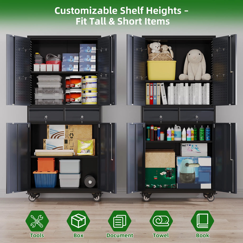 GangMei 71 Inches Tall Metal Garage Storage Cabinets with 5 Adjustable Shelves & Pegboards, Lockable Steel Black Storage Cabinet with Doors for Office, Home, School, Shops, Garage, Assembly required
