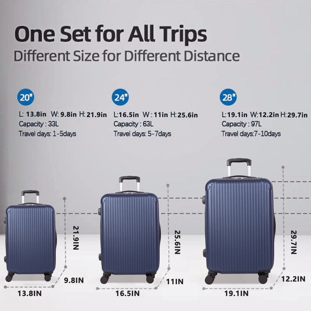 ALPULON 3 Piece Luggage Sets with TSA Locks, Hardside Suitcase Set with Spinner Wheels, 20in24in28in, Light Blue