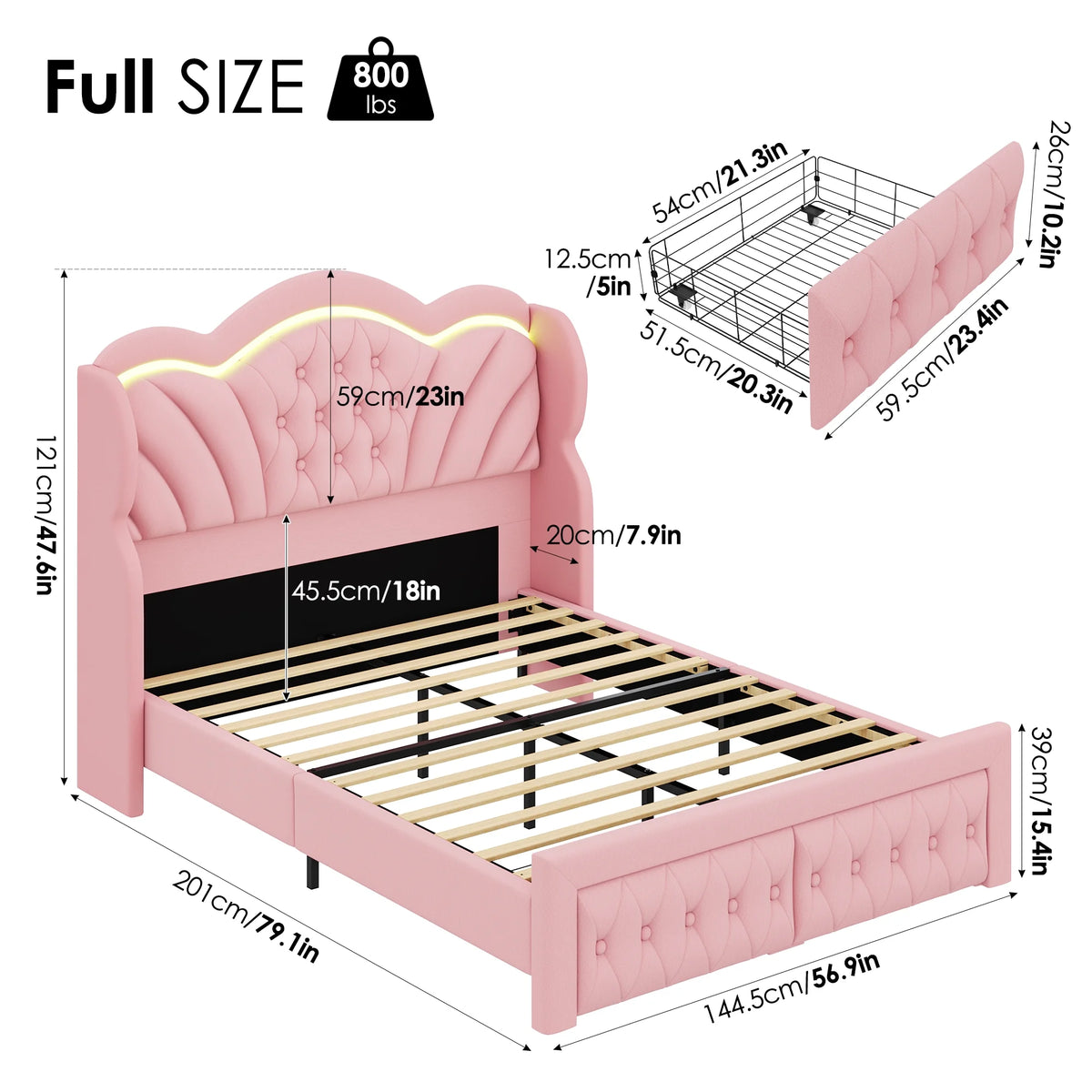Hiphuta Modern Queen Bed Frame with 2 Drawers, LED Lights Platform Bed Frame, Sturdy Beds Frame with Upholstered Button Tufted Headboard, Velvet White