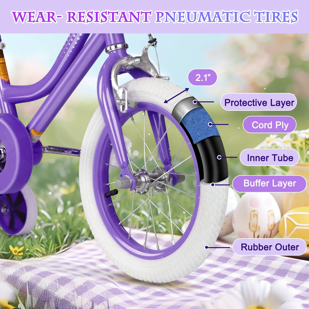 XJD Girls Bike for Toddlers 3-9 Years Old Kids, 14 Inch Kids Bike with Training Wheels, Streamers, Basket and Doll Seat, Children Bicycles with Handbrake